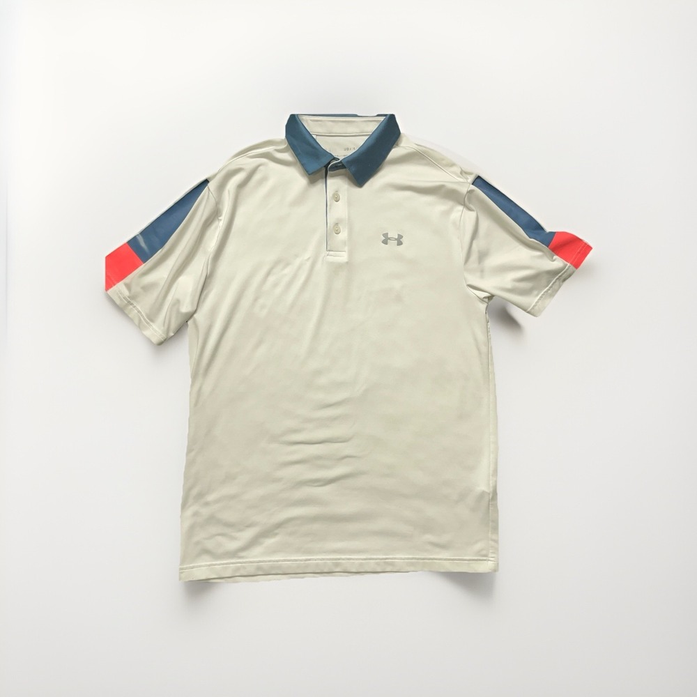 Under Armour Mens Medium Playoff Polo Golf Shirt Navy White Colorblock Soft